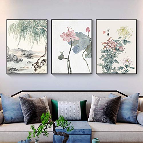 Impression lotus style chinois sans cadre 3 panneaux 40x60cm art végétal