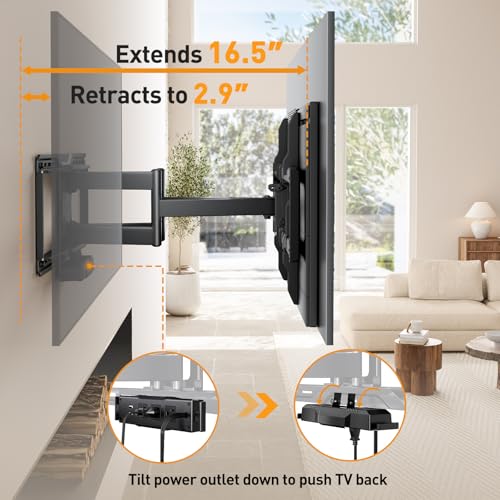 undefined Perlegear Full Motion TV Wall Mount with Power Strip for 42–90 Inch TVs up to 150 lbs, Pre-Assembled TV Mount Has Smooth Swivel, Tilt, Extension, Max VESA 600x400mm, 12“/16”/24” Wood Studs, PGLF11 の商品画像 5