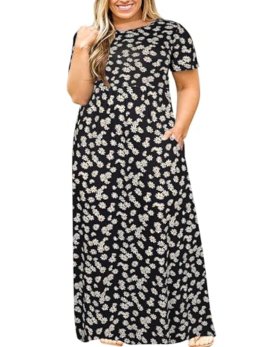 Image of Kancystore Women's Plus Size Maxi Dress with Pockets Summer Dresses XL-5X | Plus Size High Waisted Long Length Beach Dress, Empire Waist Round Neck Casual Dress, Solid Striped Floral Tie Dye Colors