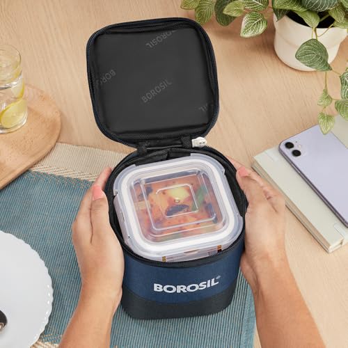 Image of Borosil Elite Lunchbox | 320ml x 2 Square Container Set | Made in India Borosilicate Glass | Microwave & Dishwasher Safe, Leakproof | Tiffin for Office /School /College | Vertical