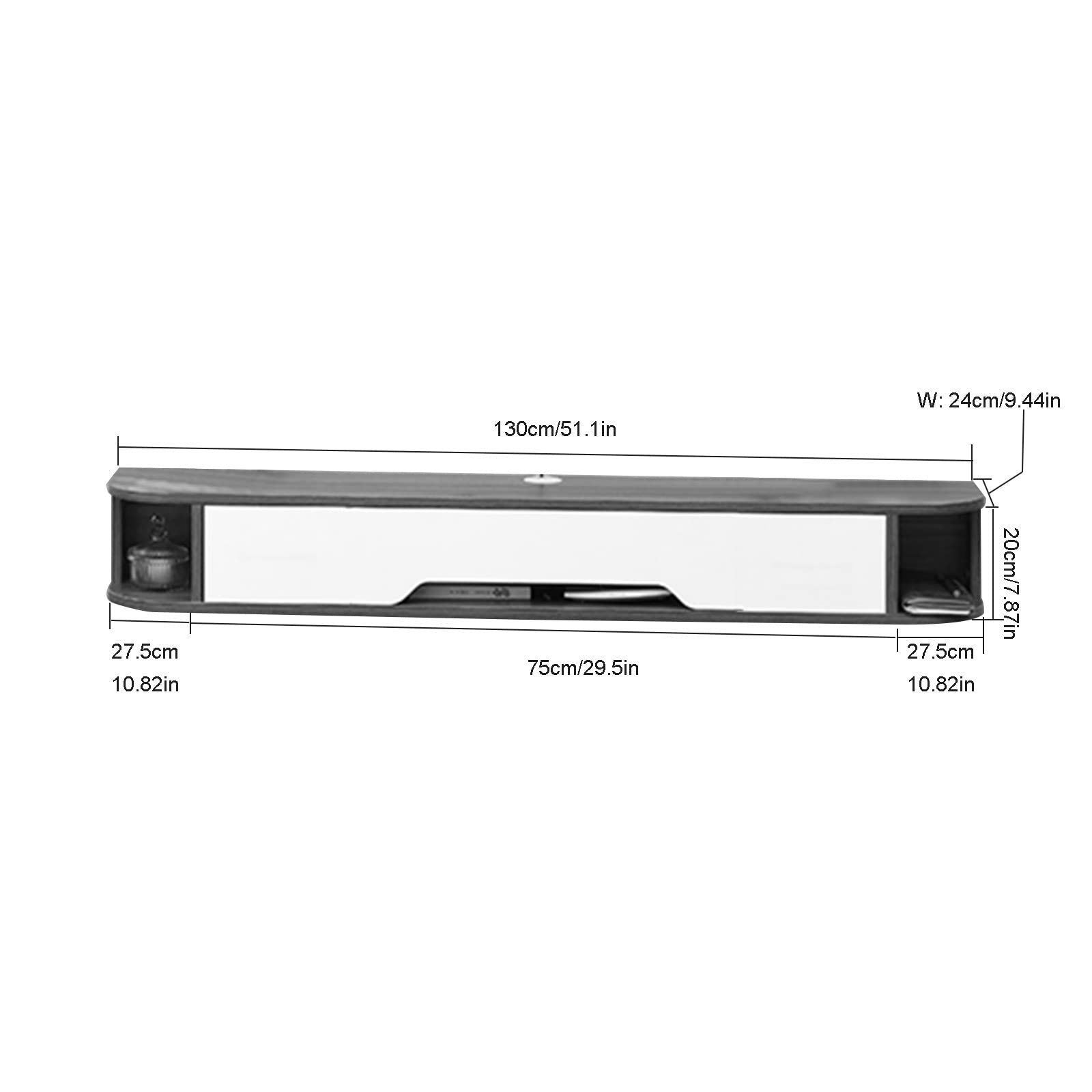 Unità TV fissata al muro Supporto TV galleggiante fissato al muro, Centro di intrattenimento per console multimediale montato a parete da 130 cm, Rack set-top box, Passacavo nascosto/Spazio libero/D/D