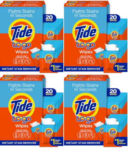 Image of Tide Stain Remover for Clothes, Tide To Go Wipes, Instant Stain Remover for Clothes, Travel & Pocket Size, 20 Count (Pack of 4)