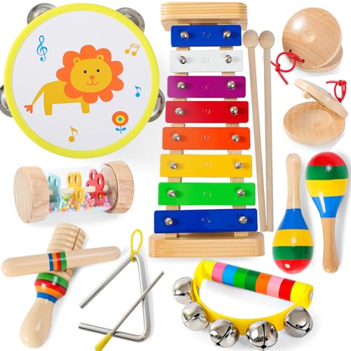 Baby Musical Instruments – Xylophone for Toddlers 1-3, Toddler Gifts Wooden Rainbow Colors Kids Montessori Musical Instruments Set with Tambourine for Baby Girls Boys Birthday Gifts