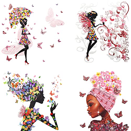 PANXIN Patchs Appliques, 4 Pièces Fille Papillon Motif Fer Sur Les Patchs De Transferts, Autocollants De Transfert D'impression De Tissu De Chaleur pour Les Femmes T-shirt, Jupe, Oreiller, Sacs DIY