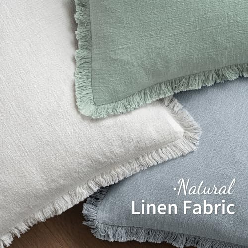 Image of MIULEE Decorative Throw Pillow Covers Neutral Linen Fringe Throw Pillows Set of 2 Sky Blue Boho Farmhouse Cushion Covers for Couch Sofa Bed Living Room Spring Home Decor 20x20 Inch