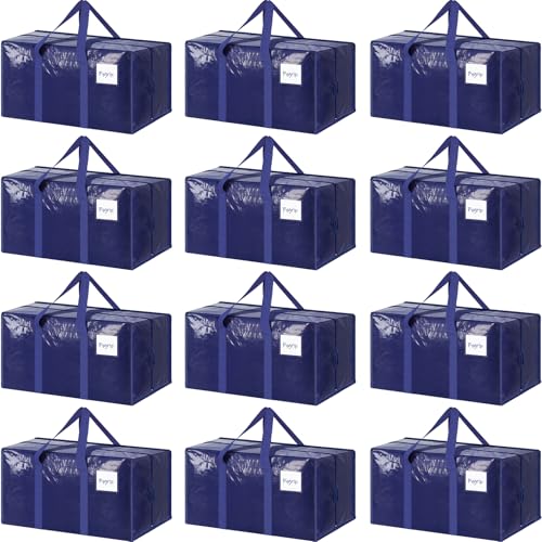 12 Pack Extra Heavy Duty Large Moving Bags with Strong Zipper & Comfortable Handles, Sturdy & Durable Clothes Storage Bags Totes Bins, Packing Moving Boxes for College Supplies, Dark Blue