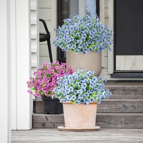 Artificial Flowers Outdoor Faux Plants UV Resistant Fake Patio Flowers Plastic Greenery Plnats Outside Bulk for Spring Garden Hanging Planter Home Vase Decor, 12 Bundles (Blue) - Image 5