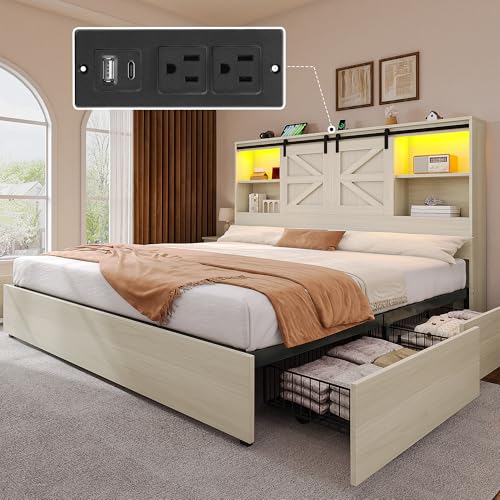 YITAHOME Farmhouse King Size Bed with 50 Tall Storage Bookcase Headboard