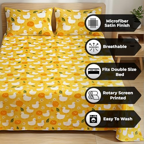Image of Story@Home Duck Theme Kids Double Bedsheet 225x250 cm with 2 Pillow Covers | Cotton Feel 180 TC Soft Fabric | Duck Yellow Cute Cartoon Design | Breathable & Comfortable