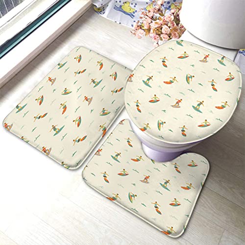 Badezimmerteppich-Set, 3-teilig, Surfbrett, Surfer, Meereswelle, Vintage, waschbare Badeteppiche, rutschfest, mit Rückenpolster, Konturteppich und Toilettendeckelbezug