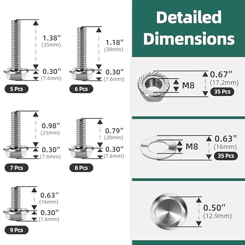 105-Pack Metric Hex Flange Bolt, M8x1.25 (16mm to 35mm) Assorted Bolts Nuts and Washers Assortment Kit, 304 Stainless Steel Bolts and Nuts Kit