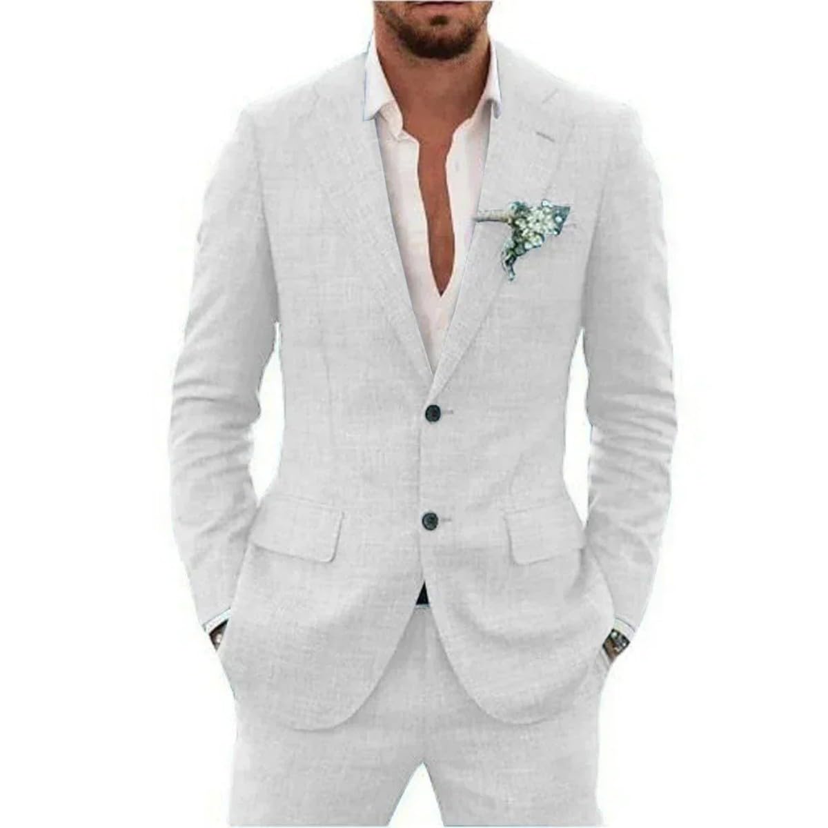 Traje de lino de 2 piezas para hombre, traje ajustado para verano, boda, novio, graduación, chaqueta de esmoquin y pantalones