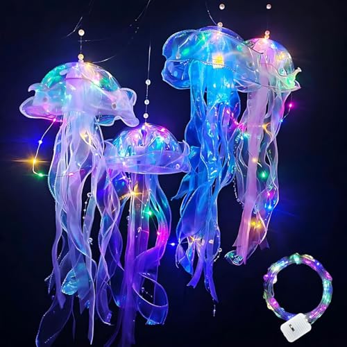 Image of Jellyfish Decor, 4 Pcs Jellyfish Lanterns Lamp for Mermaid Theme Party, Hanging Colorful Jelly Fish Decoration Lights for Birthday Party Under The Sea Party Decoration for Women Girl Baby (4 Colors)