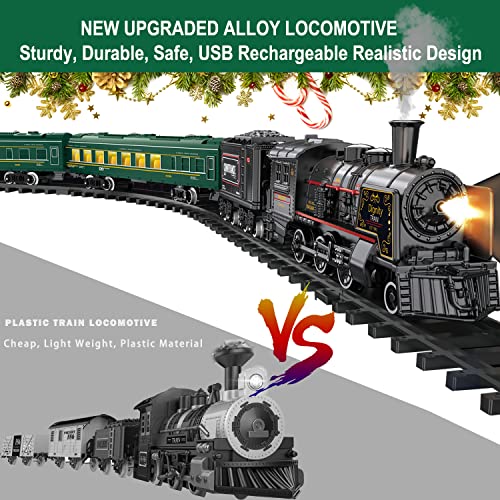 Image of Electric Train Sets for Boys Girls Metal Alloy Christmas Trains Toys Steam Locomotive, Passenger Carriages, Tracks, Light & Sounds Rechargeable Birthday Gifts for Kids 3 4 5 6 7 8 + Years Old Green 
