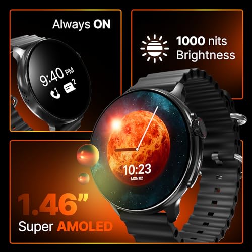 Image of CrossBeats Aura Round 1.46 inch Super AMOLED Smart Watch, Always On, Advanced AI ENC Bluetooth Calling, in-Built Games, Fast Charge, Rotating Crown, 123+ Sports Modes, 454 x 454 Pixel (Black, Black)
