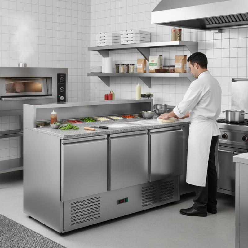 Torre de Pizza Refrigerada 3 Puertas – Encimera de Granito – Top con ingredientes GN 1/6 – 330L – Temperatura -2°/+8°C – Ideal para Pizzerías y Restauradores