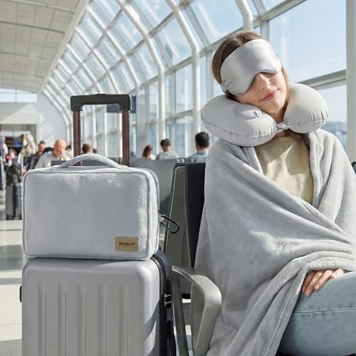 4-Pc Bedsure Travel Blanket Set w/ Inflatable Neck Pillow, Eye Mask and Storage Bag (Grey) 9.99 + Free Shippin + 50% Off Code F476BBDE - image 8