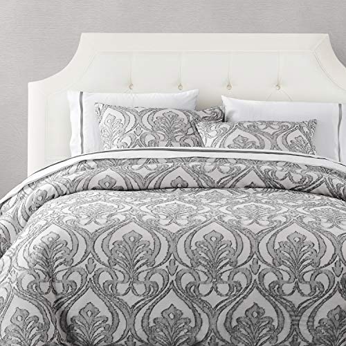 Hiend Accents Nicole 3 Piece Duvet Set With Pillow Shams, Super King Size, Gray Damask Pattern, Traditional Romantic Shabby Chic Style Luxury Bedding Set, 1 Duvet And 2 Pillowcases #TOP1