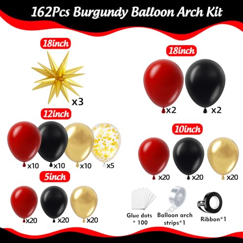 Image of Burgundy Balloon Garland Arch Kit 162Pcs with Star, Burgundy Maroon Black Gold Balloon Arch Kit for 2026 Graduation Bridal Shower Prom Birthday Anniversary Bridal Shower Party Decor