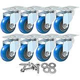 8 Pack 3 Inch Combo Caster Swivel Plate No Brake Plate Heavy Duty on Blue PU Wheels with Heavy Duty Screws