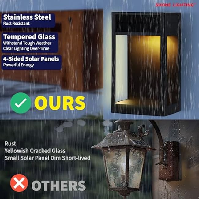 Solar Patio Wall Light, Elegant Porch Sconce LED, Tempered Glass & Stainless-Steel Lantern, Waterproof Outdoor Lamp Anti-Glare for Garage, Front Door Entry, Barn, Yard, Warm White, 2Pk