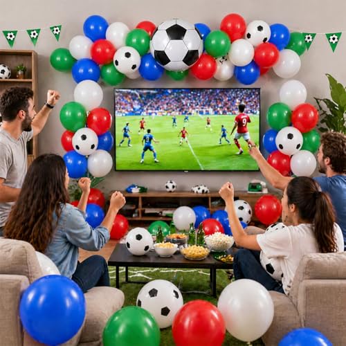 Image of Soccer Balloons, 12 Inch Red Green and Blue White Soccer Ball Balloons with 22 Inch Soccer Foil Print Balloon for Boys Men Sports Theme Baby Shower 1st Birthday Football Game Day Party Decorations