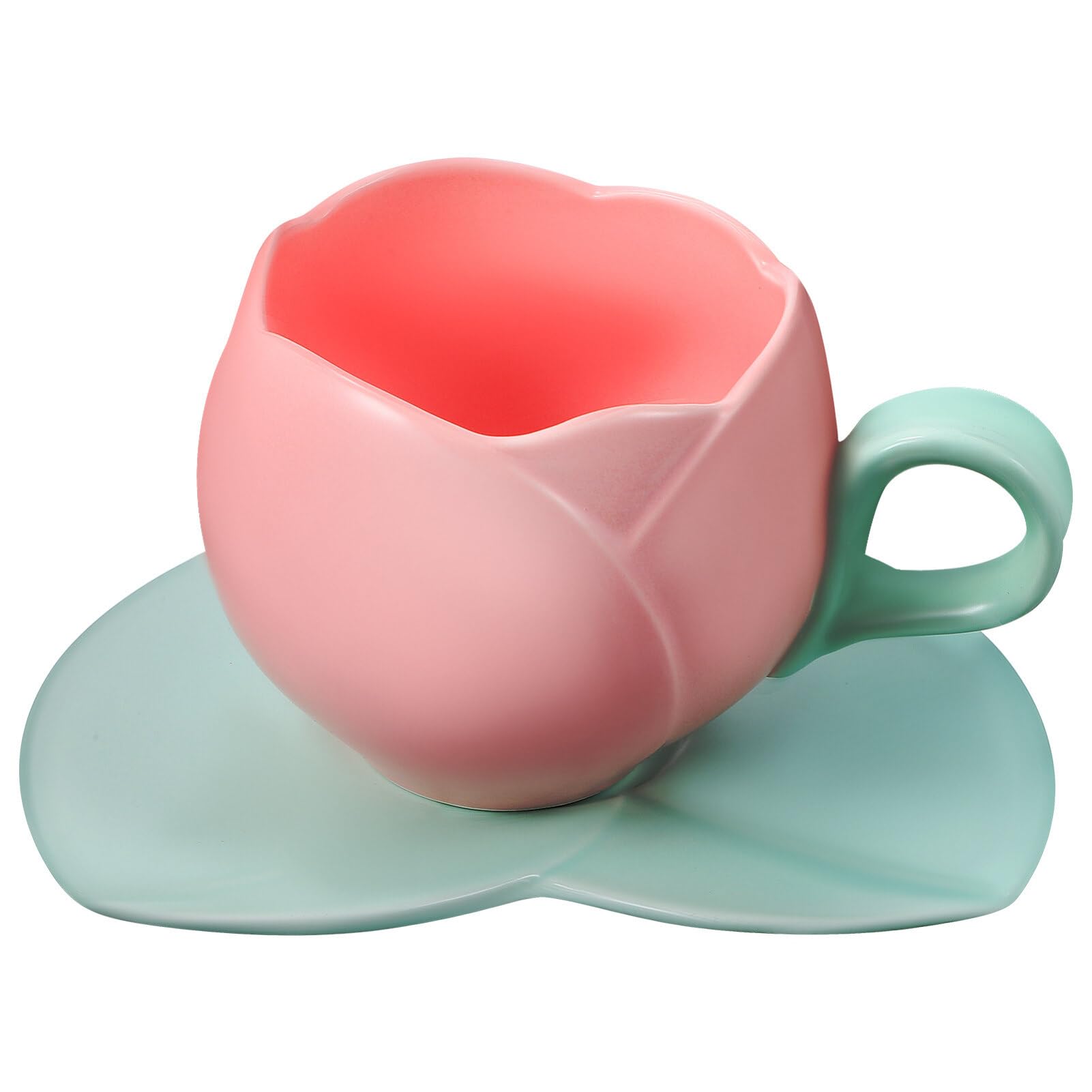 BESPORTBLE Ceramic Tulip Coffee Mug with Saucer, Tulip Tea Cup Cute Mug Set for Tea Coffee Milk for Home Office (10.14oz/ 300ml)