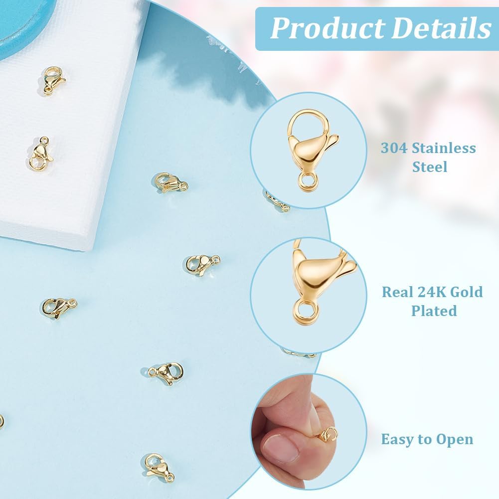 Beebeecraft 1 Box 100Pcs Lobster Claw Clasps 24K Gold Plated 304 Stainless Steel 9mm Jewelry Lobster Clasps for Jewellery Making Bracelets Necklace - Image 6