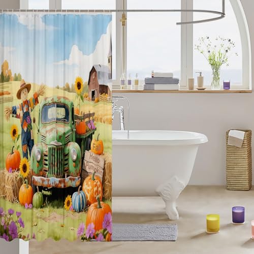 Cortina de chuveiro outono abóbora caminhão colheita espantalho cortina de chuveiro para crianças, meninas, meninos, rústico, Ação de Graças, girassol, cortinas de banho com 12 ganchos, terno laranja