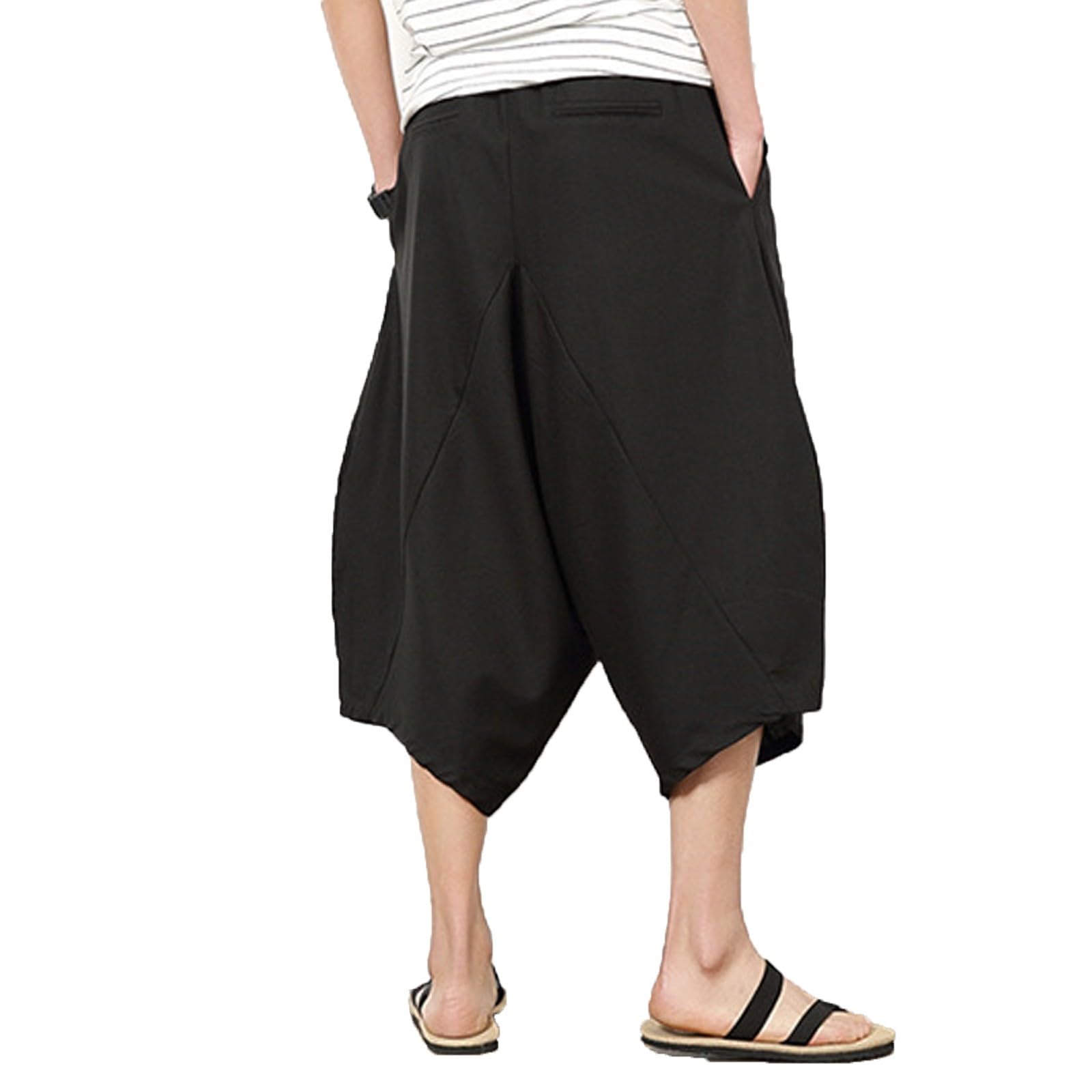 SUWBMHWE Japanese Pants Harem Men Mens Beach Lightweight Regular Fit with Pockets Baggy Any Occasion Hippie Trousers Linen Breathable Comfortable Yoga Black