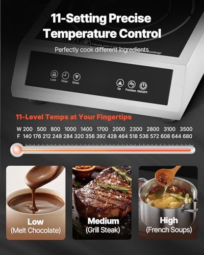 Image of VEVOR Induction Cooktop, 3500W Commercial Induction Burner with 11-Level Temperature, Stainless Steel Countertop Induction Hot Plate with 3H Timer, Child Lock for Restaurant (6-15P Plug, 6-20R Outlet)