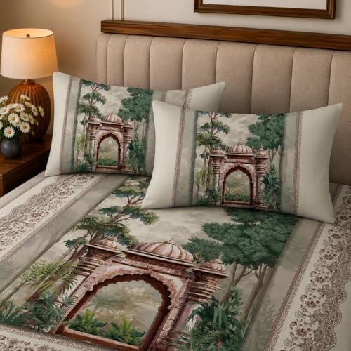 Image of 7D Digital Printed King Size Bedsheet with 2 Pillow Covers | Soft Premium Cotton Feel Microfiber Double Bed Bedsheet|Breathable,Wrinkle Free & Fade Resistant|(CreamEthnic, KingSize-225x250CM)