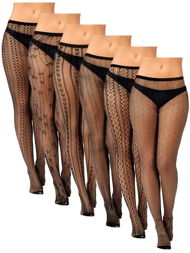 Image of Ramede 6 Pairs Women Fishnet Thigh High Stockings Waist Tights Striped Patterned Fish net Leggings Pantyhose for Halloween