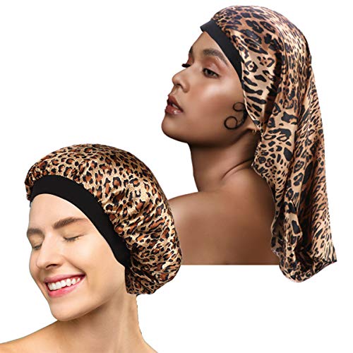 2 Pieces Satin Bonnet for Women Long Satin Bonnet Sleep Cap for Natural or Curly Hair，Braids Comfortable Soft Elastic Bonnets for Night Sleep(Leopard)