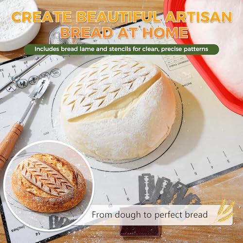 Image of Sourdough Starter Kit for Beginners, 34 oz Starter Jar with Scale Marking, 2 Silicone Proofing Baskets, Complete Bread Baking Kit with Guide & Recipes, Easy to Use & Clean - Red