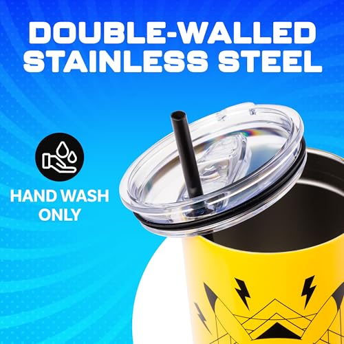 Image of Silver Buffalo Pokemon Lightning Double Walled Stainless Steel Tumbler with Handle Featuring Pikachu, Fits in Standard Cup Holder, 40 Ounces