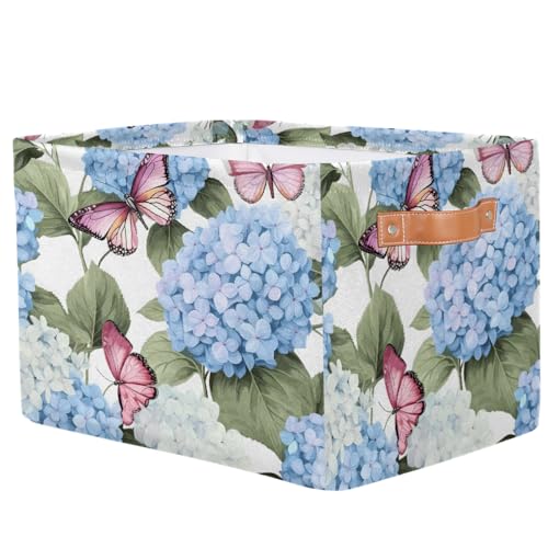 Image of Blue Hydrangea Flowers Storage Baskets for Organizing, Fabric Collapsible Storage Bins Box Pink Butterfly Decorative Toy Organizer Baskets for Closet Shelves Gift Basket 1 Pc