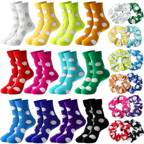 Vinsatin 24 Pcs Sport Team Gifts for Teen Girls Novelty Mid Calf Ball Socks and Scrunchie Hair Ties for Team Party Favors(Volleyball)