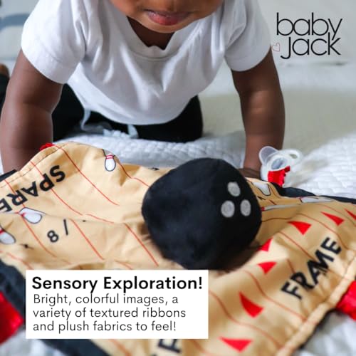 Image of Baby Jack & Co 10x10 Bowling Sports Lovey Sensory Plush Blanket - Tag Toys for Babies - Baby Stroller Toys - Learn Shapes, Letters & Colors - Perfect MVP Baby Toy & Baby Sports Gift w /Stroller Clip
