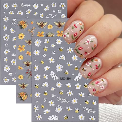 5D Flower Nails Art Stickers Embossed Cute Bee Nail Decals Spring Summer Daisy Nail Stickers White Flowers Sunflower Nail Design Decoration Self Adhesive Floral Nails Supplies for Women 3Pcs