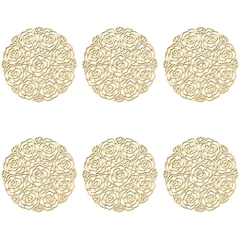 ASFINS Untersetzer Rose 6er Set, Gold Untersetzer Gläser Tischset Rund Vinyl Hohl Platzsets Abwischbar PVC Tischuntersetzer Cover