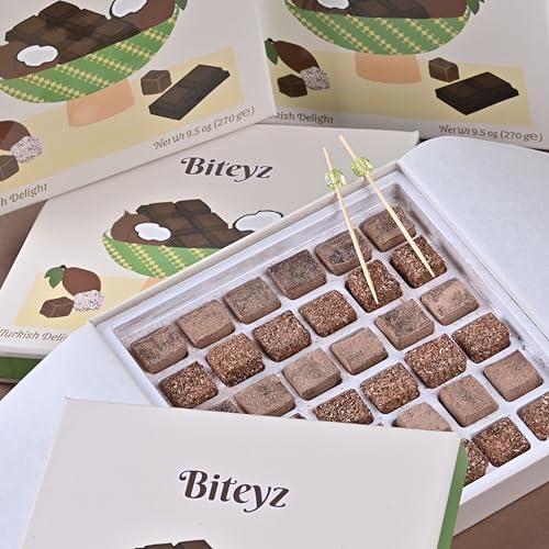 Image of Biteyz Cacao Turkish Delight, Vegan Candy Gift Box - Assorted Gourmet Treats with Chocolate Flavor, Cacao Powder and Coconut Flakes, 36 Pieces of Luxury Handmade Snacks