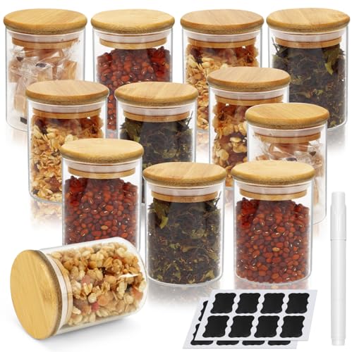 CACUINA 12PCS 220ML Spice Jars Premium Glass Bamboo with Lids and DIY Labels Seasoning Jars,Spice Pots, Spice Storage Jars Set Airtight For Kitchen Storage