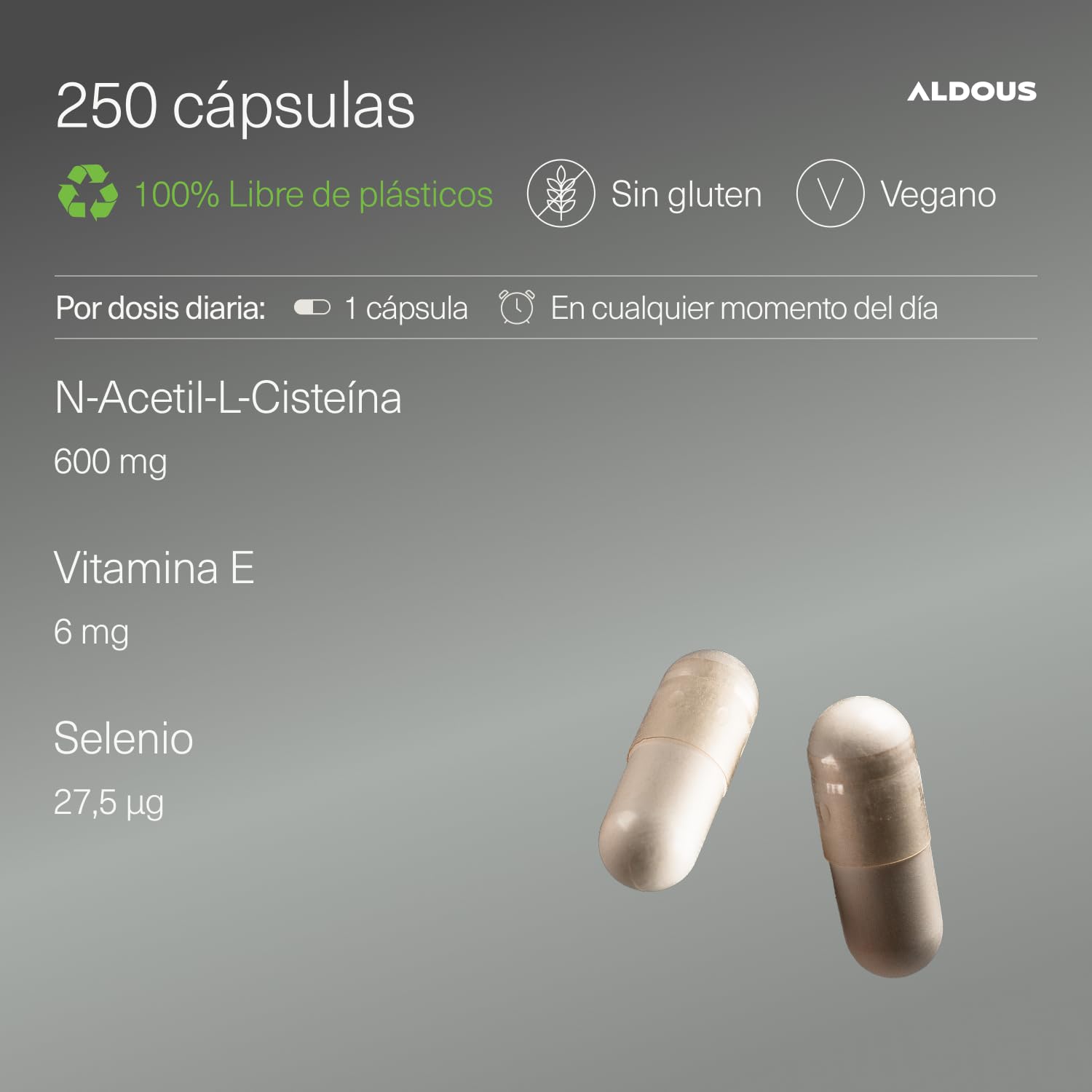 NAC N-Acetil-Cisteina 600mg + Vitamina E y Selenio - 250 Cápsulas - 1 al Día - Antioxidante y Glutation - Detox y Salud Respiratoria - Para +8 meses - Alta Concentración - Vegano - Aldous