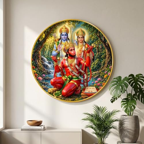 Image of SAF Ram Sita with Hanuman Wall Art with PVC Round Frame | Sparkle Laminated Lord Ram Sita Hanuman Devotional Painting | Spiritual Wall Decor for Home Temple Living Room Gift Item