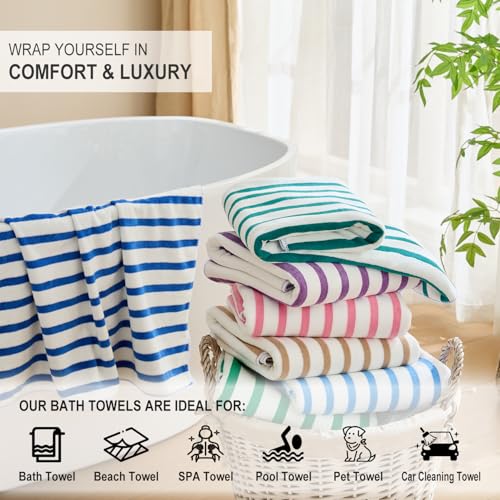 Image of JML Microfiber Beach Towels, Bath Towel (2 Pack, 30 inch x 60 inch) Cabana Stripe Absorbent and Quick Dry Beach Towel Set for Adults, Travel, Summer, Sport, Swimming, Pool, Yoga, Camping, Blue