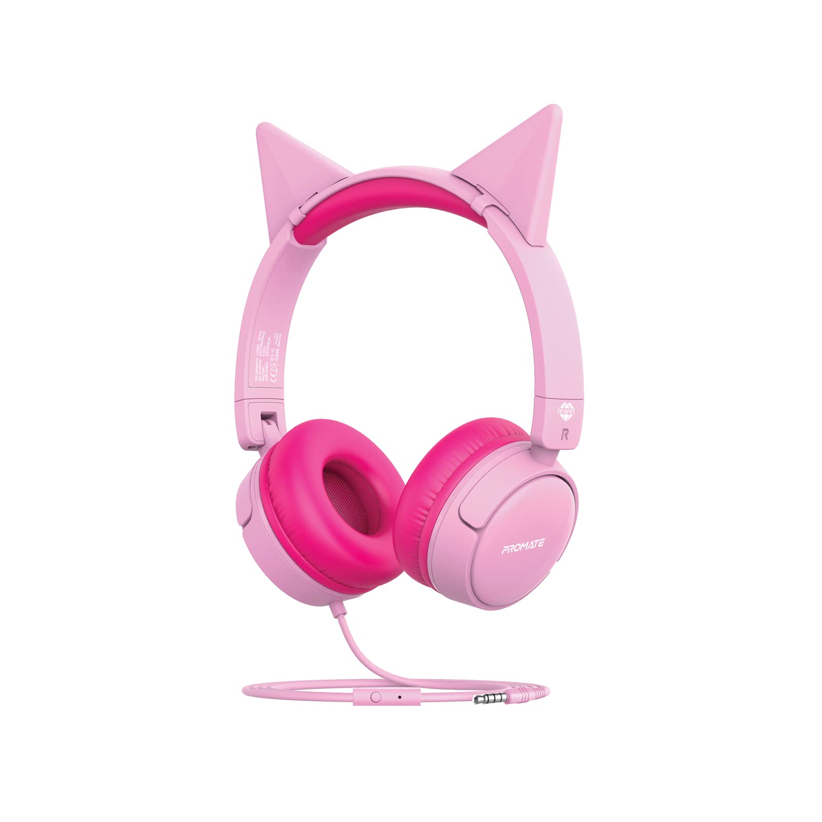 Promate Kids Headphones, HD Stereo On-Ear Wired Headset with Safe Volume Limited 85dB to 95dB, Detachable Cat Ears, AUX Share-Port, Foldable Headband and Built-In Mic for iPhone 13, Jewel