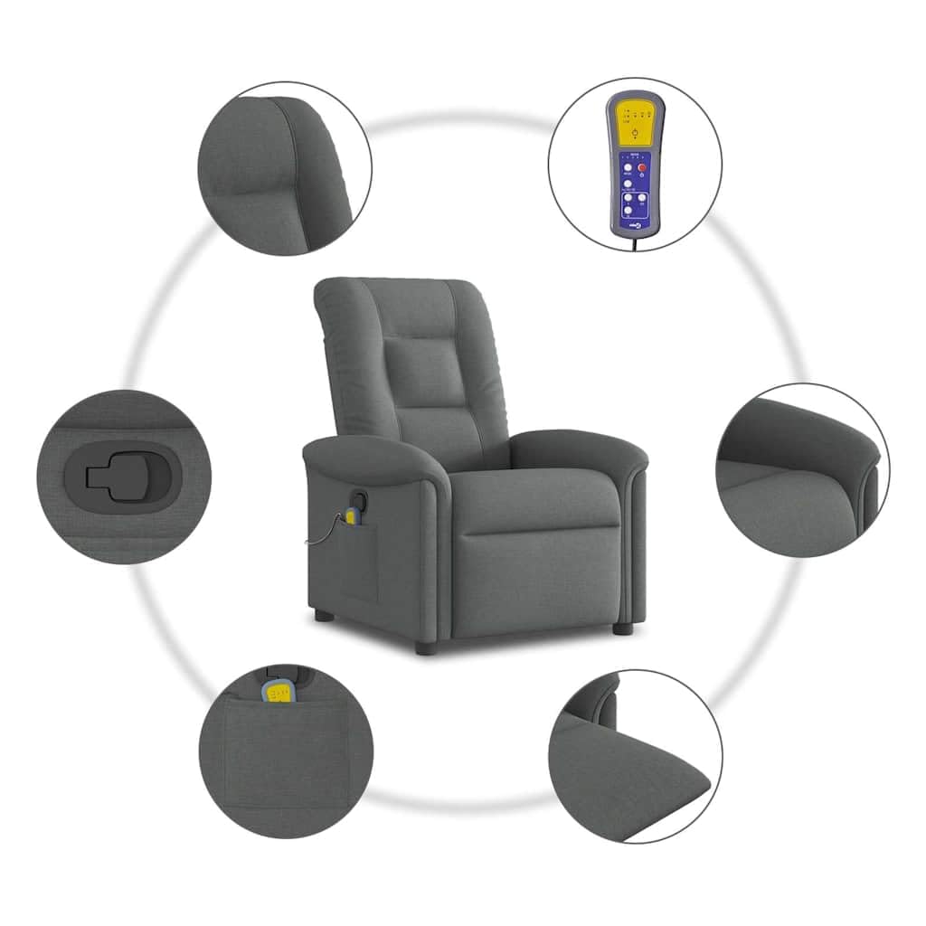 vidaXL Fauteuil inclinable de Massage en Tissu Gris foncé