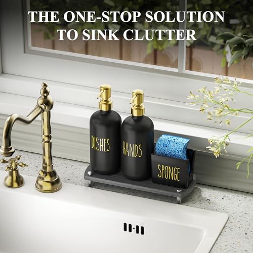 Image of Cisily Kitchen Soap Dispenser Set Comes with Ceramics Sponge Holder, Gold Pumps, and Instant Dry Tray, Hand and Dish Soap Dispenser Set (4, Gold + Black + Sponge Holder)