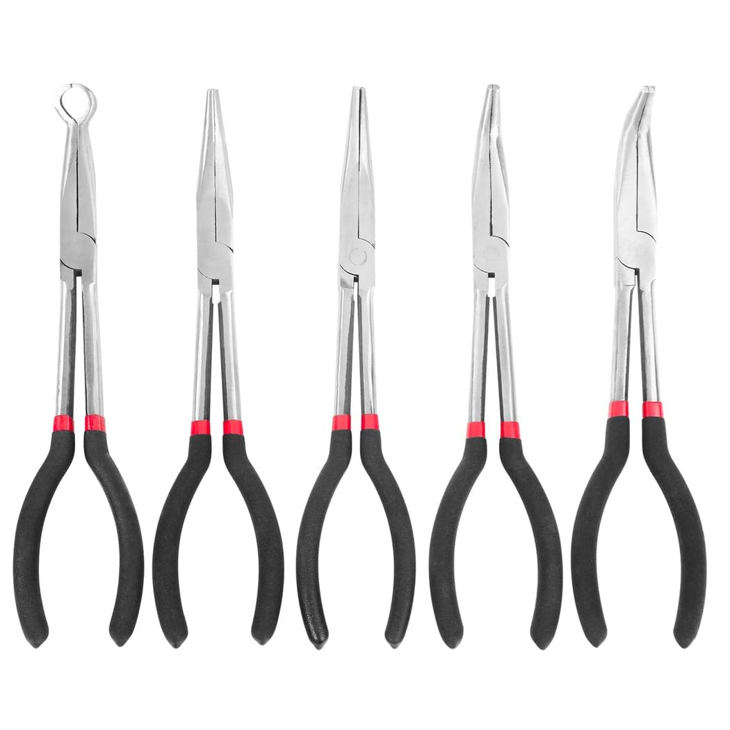 Set di 5 pinze a becco lungo, 28,9 cm, con angoli dritti, 25, 45, 90 gradi, pinze tipo O, con custodia